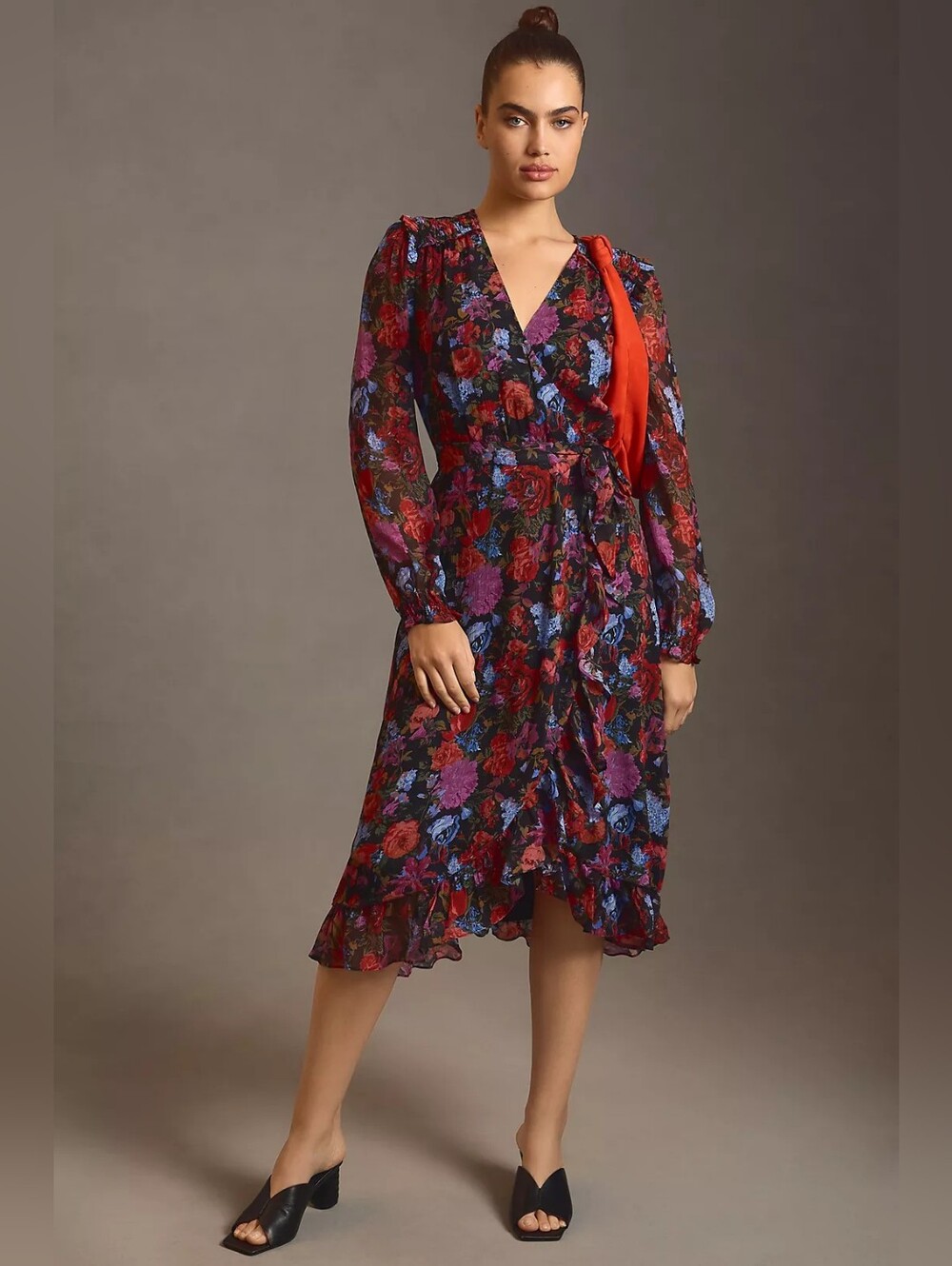 PAIGE Paulette Floral Long Sleeve  V-Neck Midi Wrap Dress - Black Red Pink Multi - Picture 4 of 16